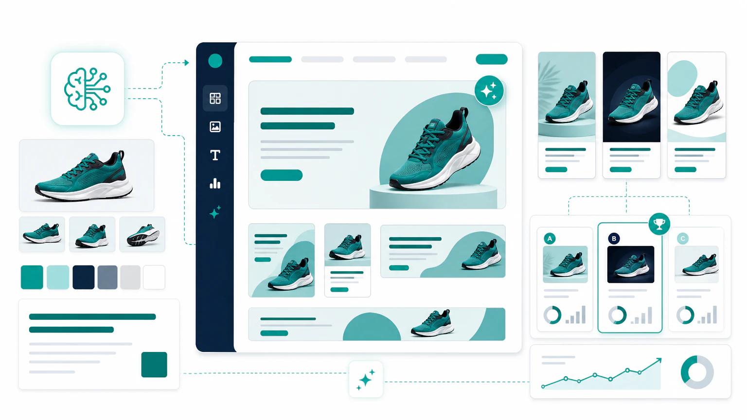 AI ad creative generator interface creating product ad layouts and A/B creative variations