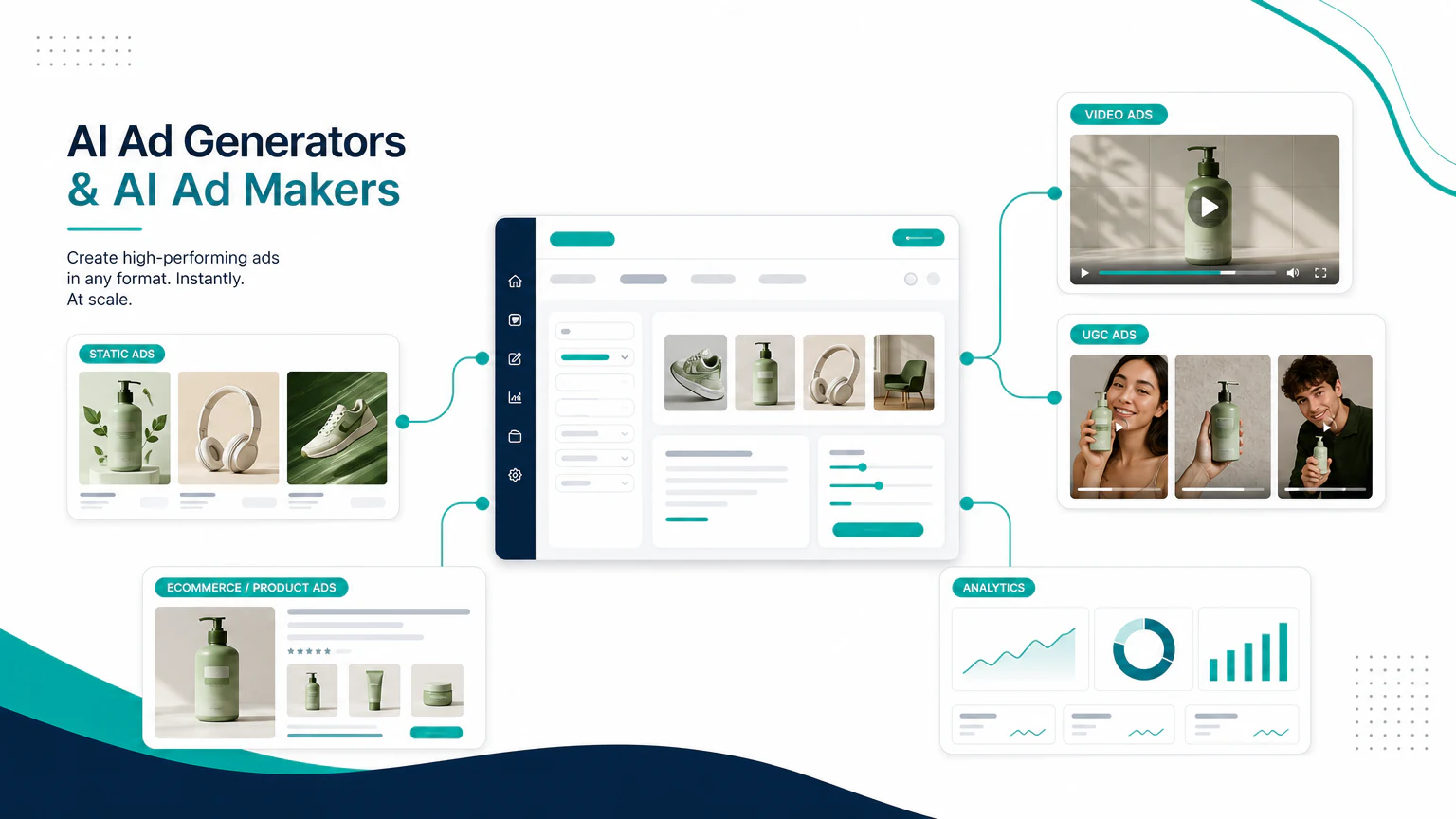 AI ad generator dashboard creating static ads, video ads, UGC ads, ecommerce product ads, and analytics