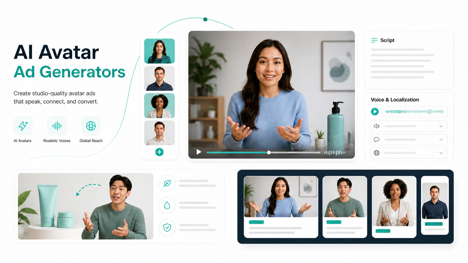 AI avatar ad generator interface with presenter videos, script controls, voice localization, and product ad variations