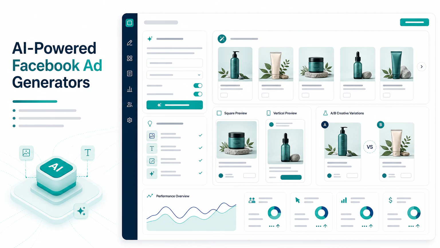 AI-powered Facebook ad generator dashboard with product creatives, previews, and performance cards