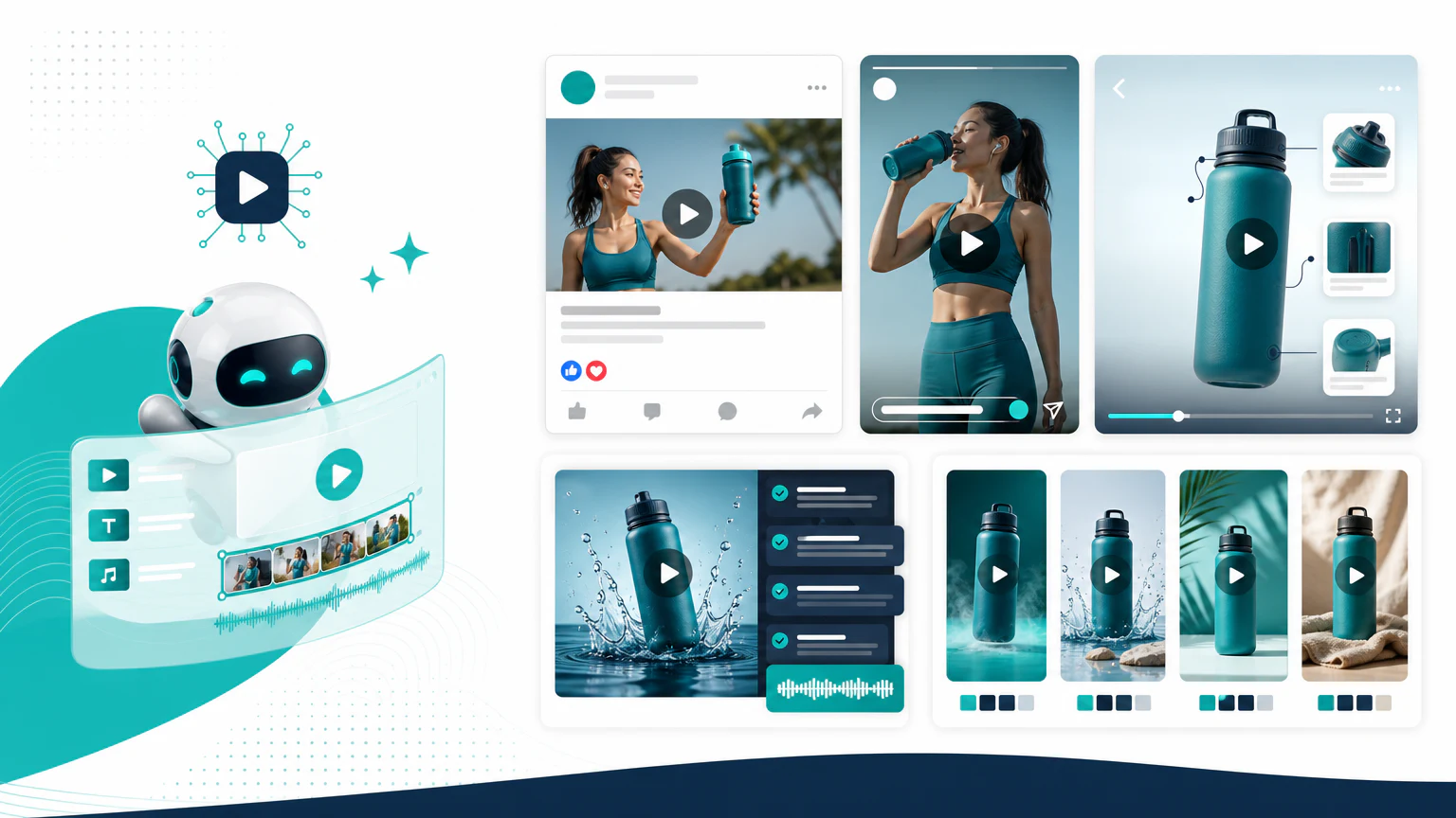 AI Facebook ad video generator workspace with social video previews and product ad variations