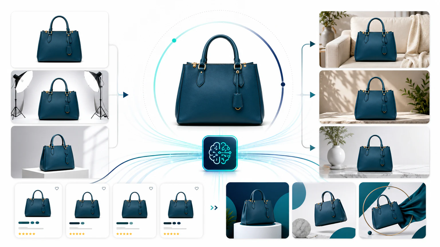 AI product photo generator turning studio product shots into ecommerce lifestyle images and ad cards