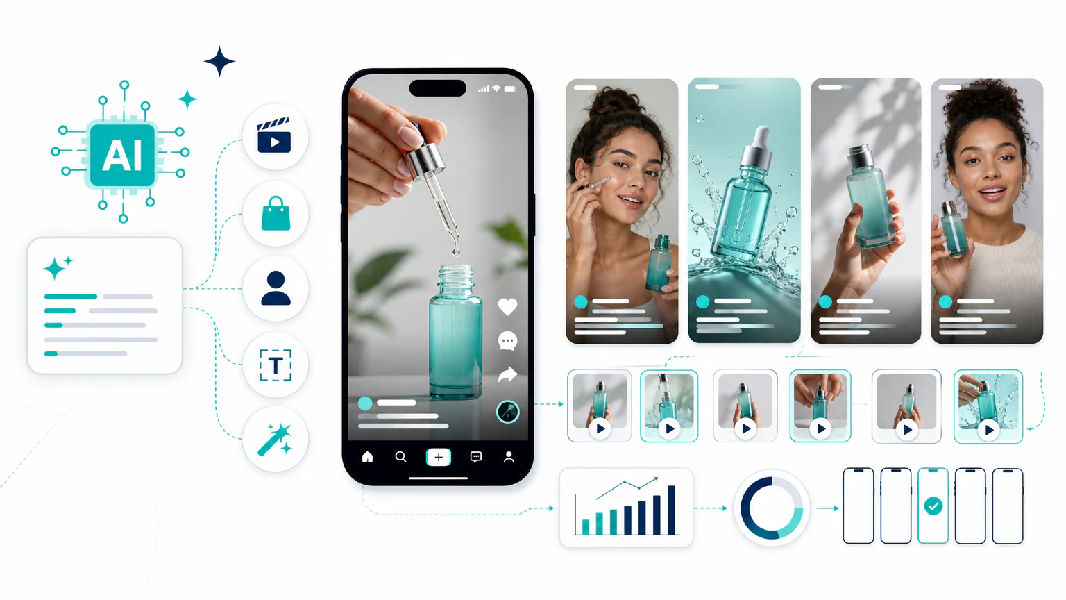 AI TikTok ad generator workflow with vertical product videos, creator clips, and ad performance metrics