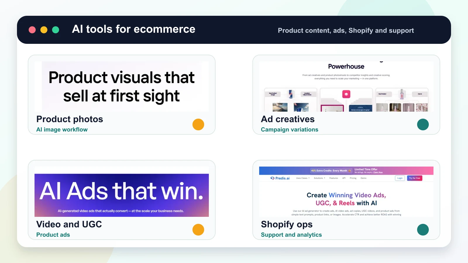 AI tools for ecommerce dashboard showing product photos, ad creatives, product videos, Shopify workflows, and analytics