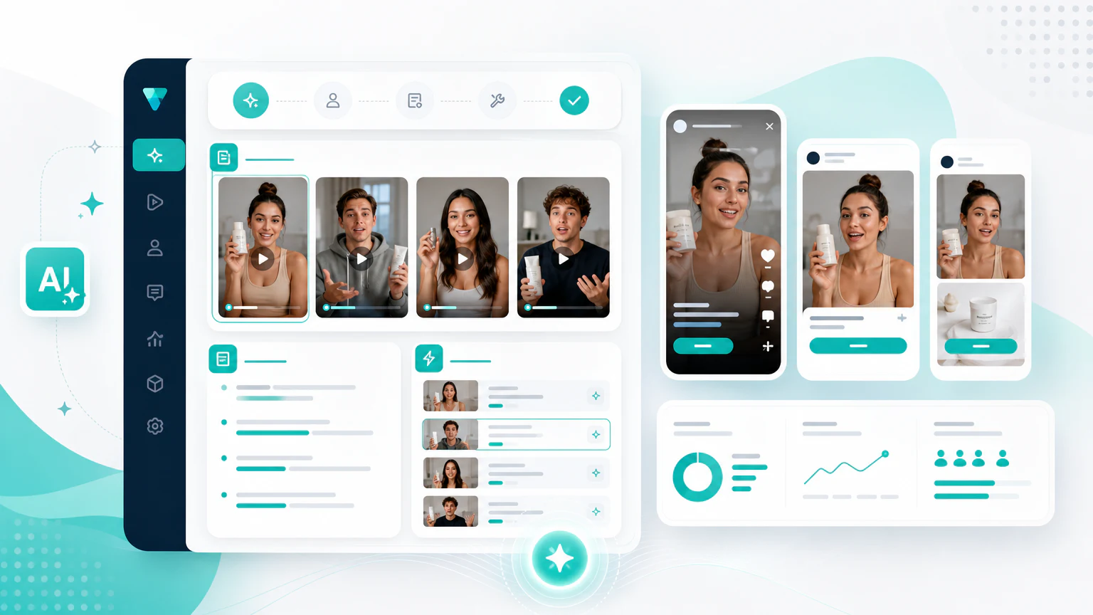 AI UGC ad generator interface with creator-style product videos and campaign analytics
