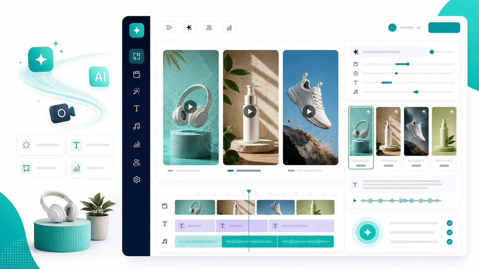 AI video ad generator dashboard with product video previews, editing controls, and ad variations
