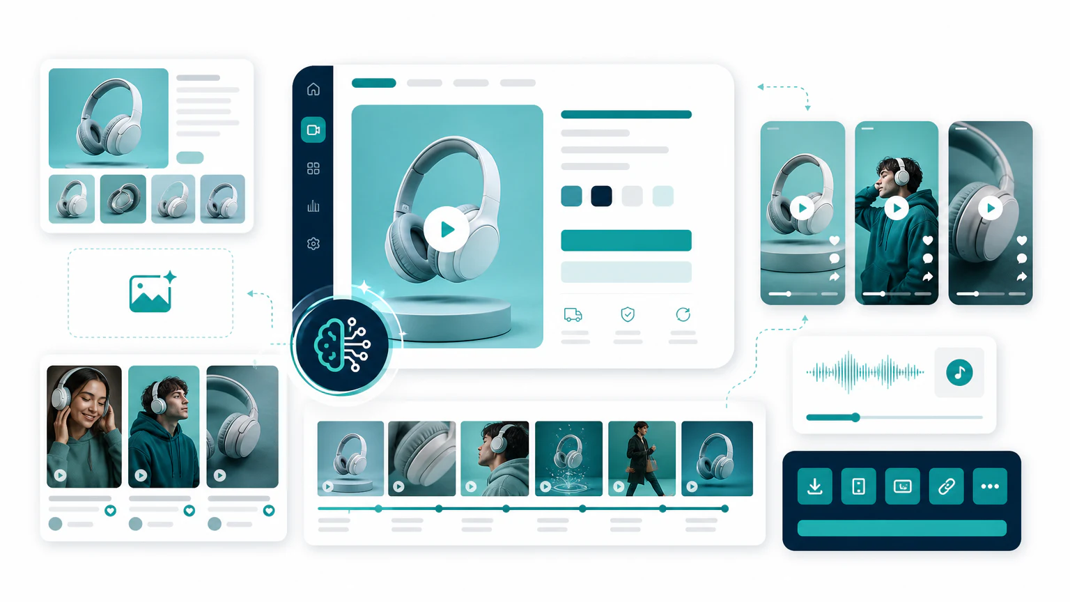 Ecommerce AI video ad workflow with product page, vertical videos, audio, and campaign assets