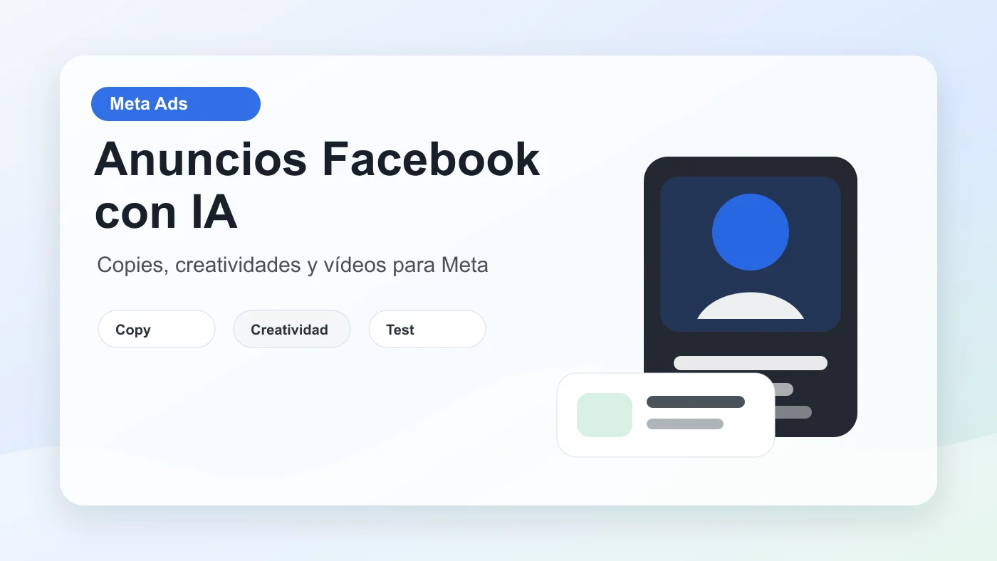 Flujo visual para crear anuncios de Facebook con IA, creatividades, vídeo y variantes para Meta