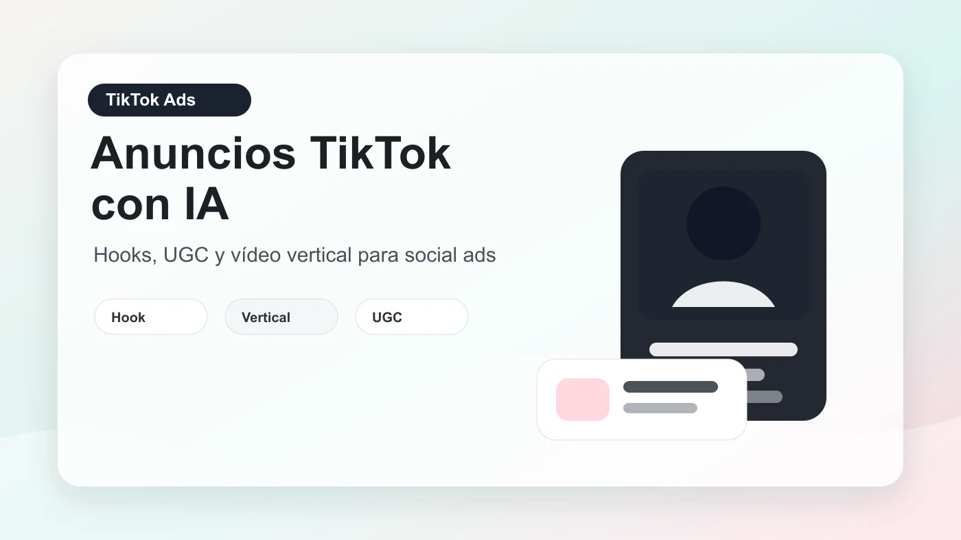 Flujo visual para crear anuncios de TikTok con IA, vídeo vertical, hooks, UGC y métricas