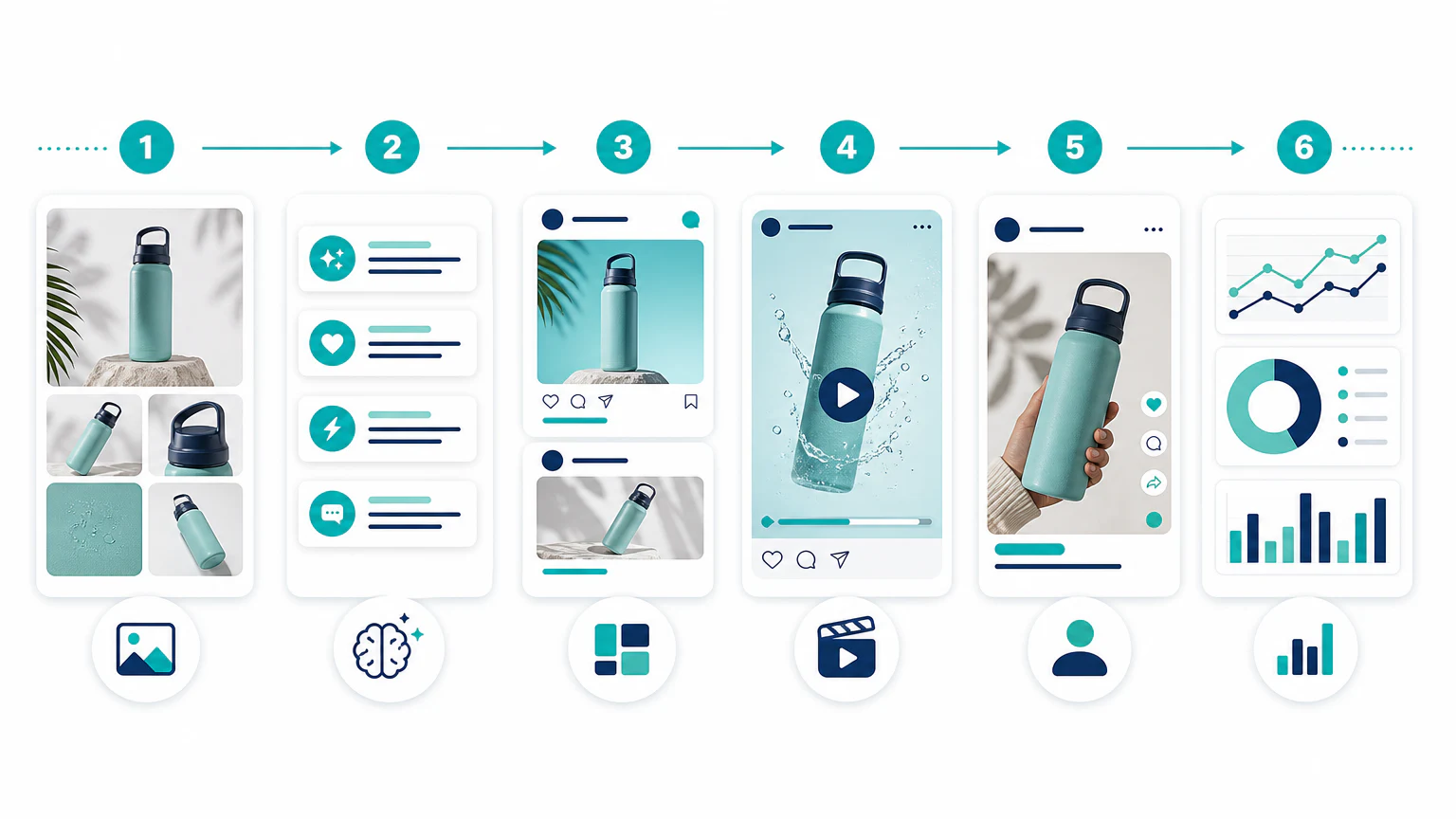 Six-step workflow for creating ads with AI from product assets to social creative and analytics
