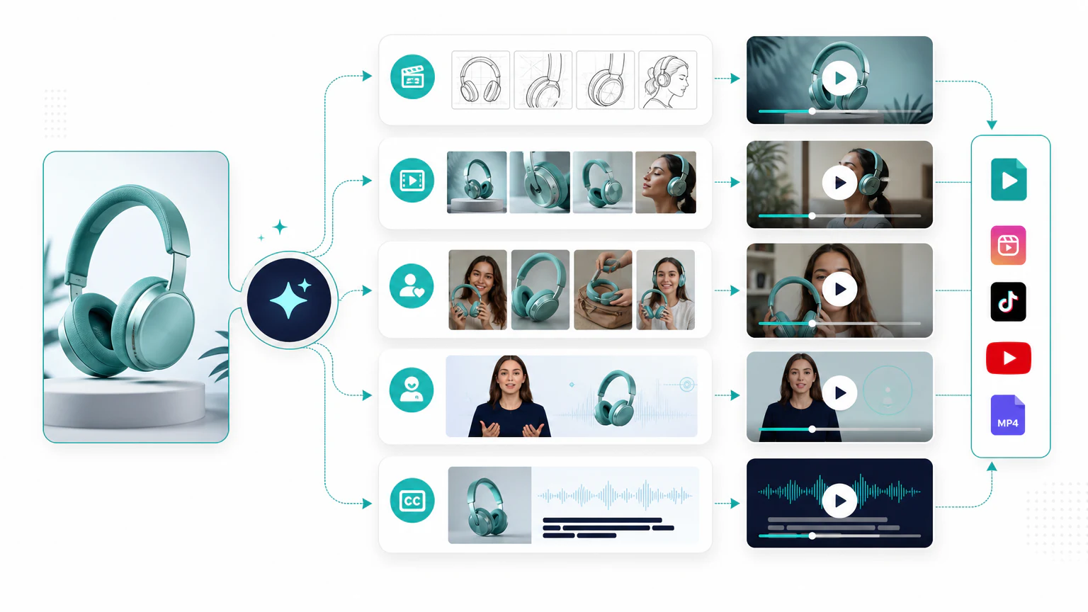 AI product video creation workflow from product image to storyboard, clips, presenter video, captions, and export