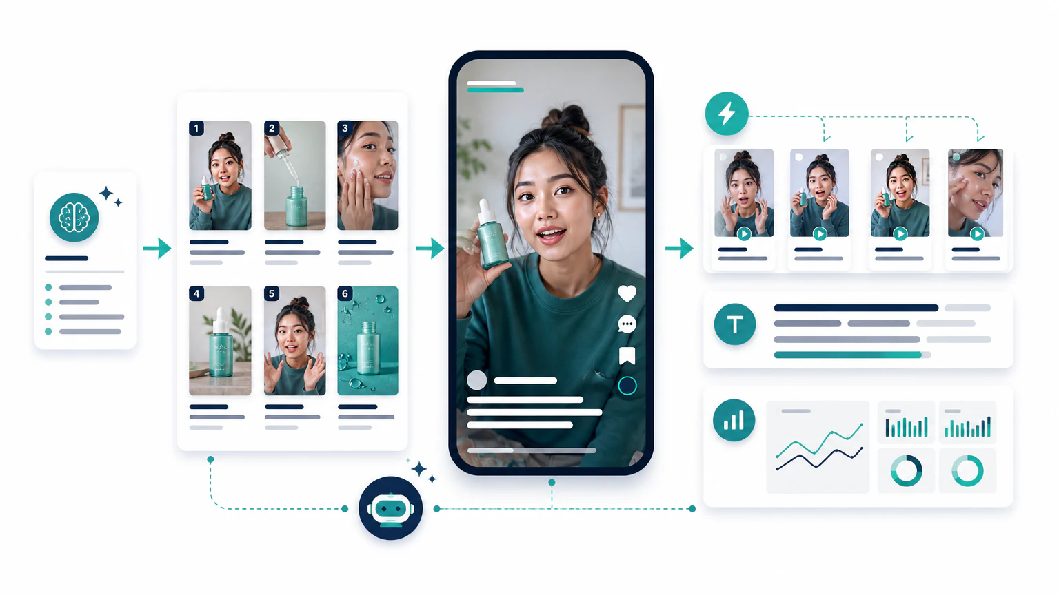 AI workflow for creating TikTok ads with product scenes, vertical video, captions, variants, and metrics