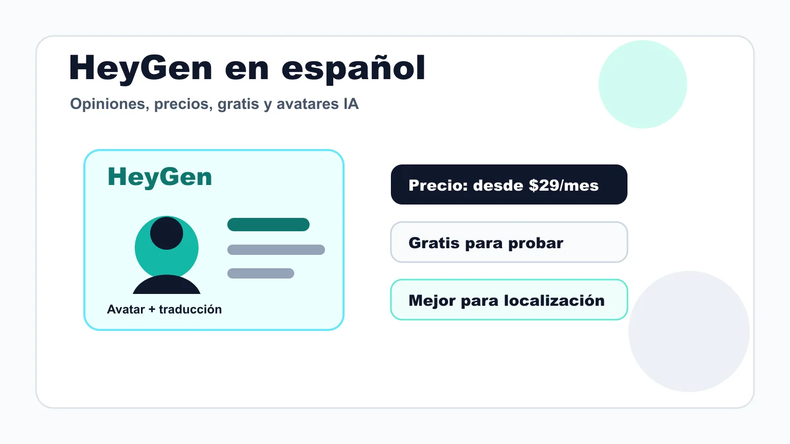 Reseña visual de HeyGen con avatares IA, precios, plan gratis y traducción de vídeo