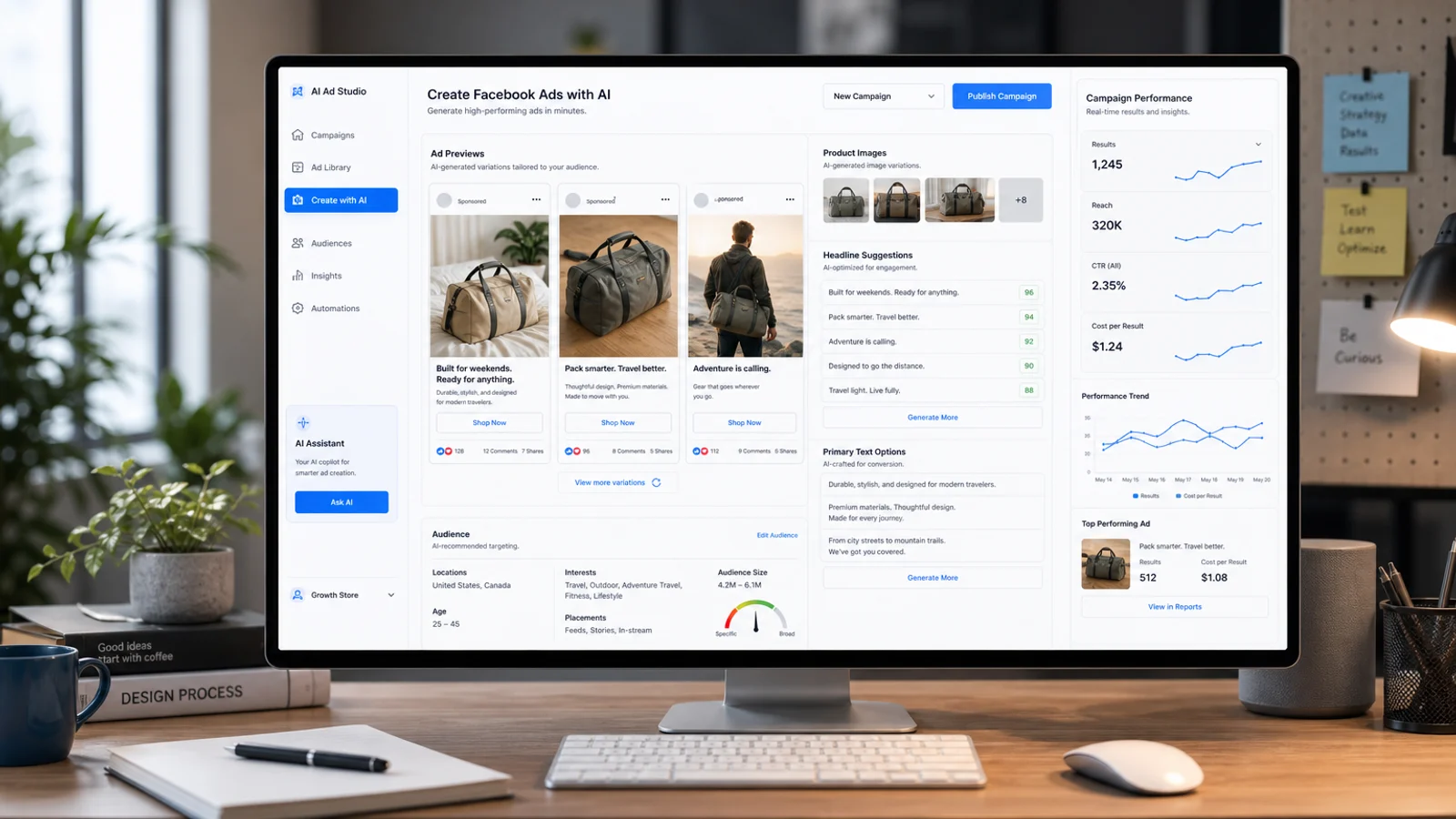 AI ad studio dashboard creating Facebook ad previews, product image variations, headline suggestions, and campaign performance insights