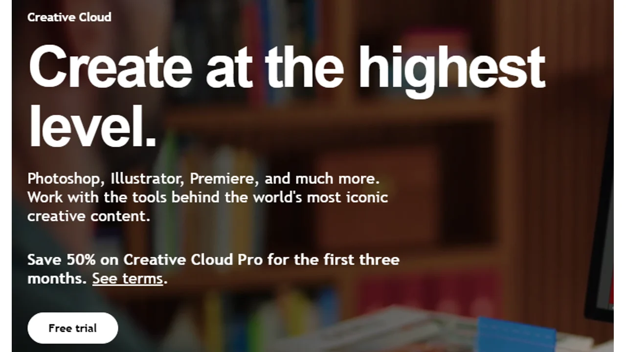 Adobe Creative Cloud homepage hero for Photoshop, Illustrator, Premiere, Firefly, and creative AI tools