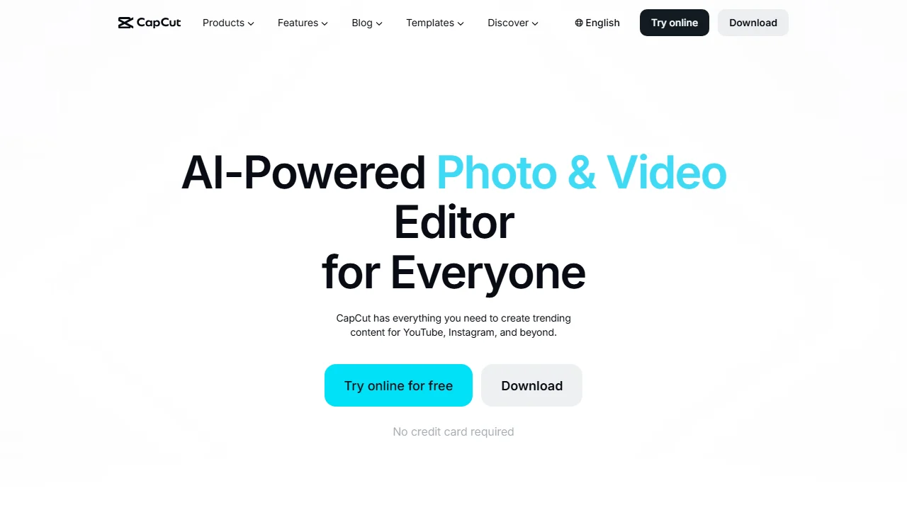 CapCut homepage hero for AI-assisted photo and video editing
