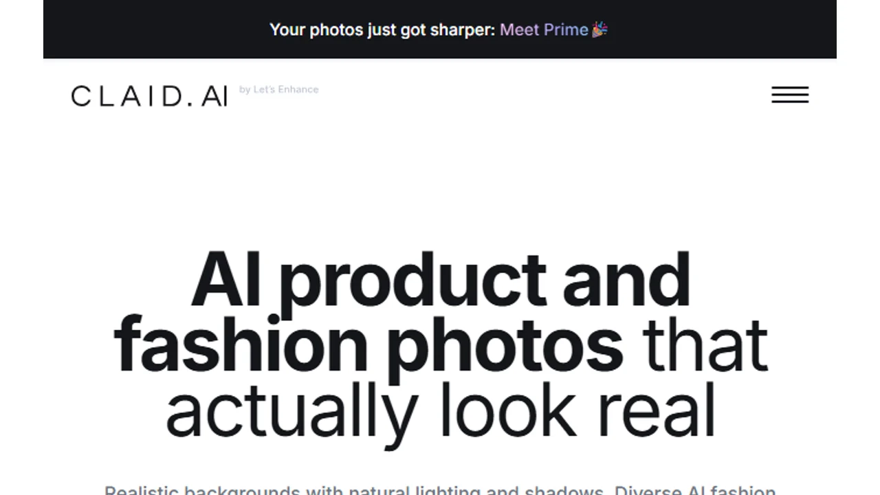 Claid.ai homepage hero for AI product and fashion photos with realistic backgrounds