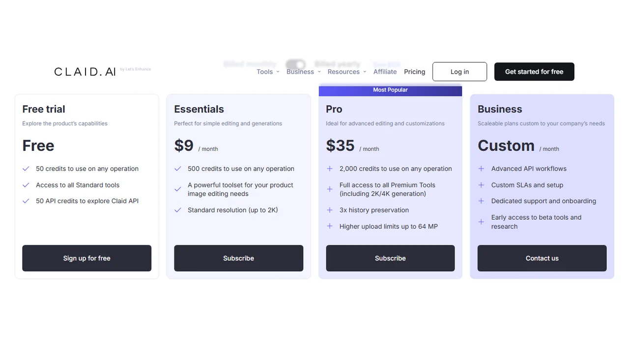 Claid.ai pricing cards showing Free trial, Essentials, Pro, and Business plans