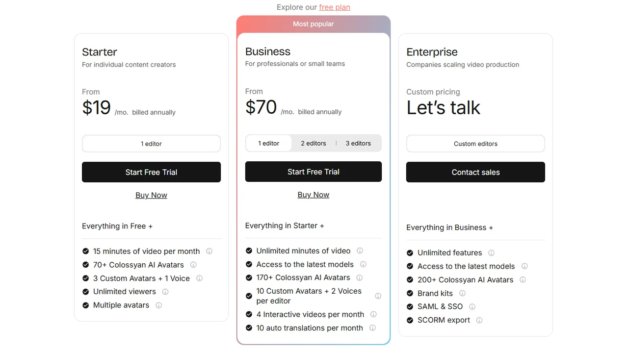 Colossyan pricing cards showing Starter, Business, and Enterprise plans