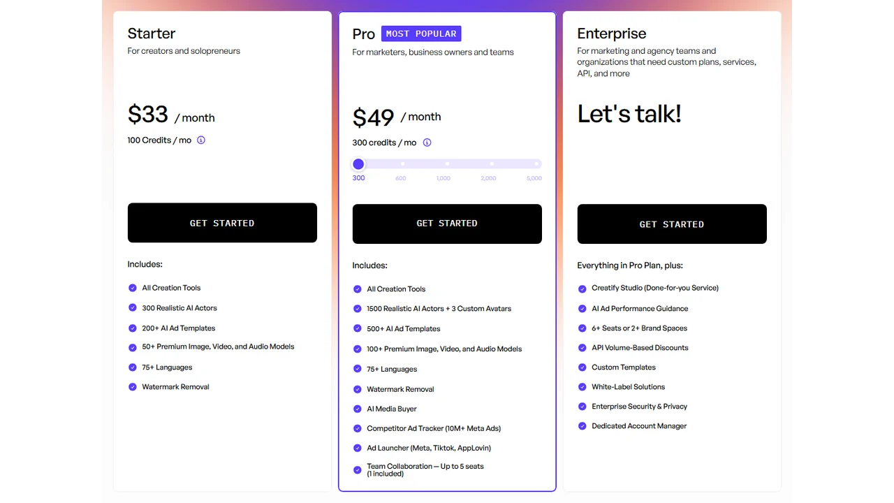 Creatify pricing cards showing Starter, Pro, and Enterprise plans