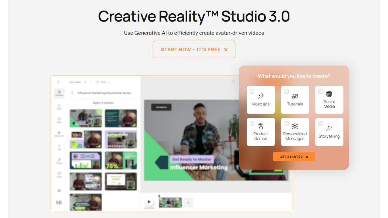 D-ID Creative Reality Studio homepage for creating avatar-driven videos with generative AI