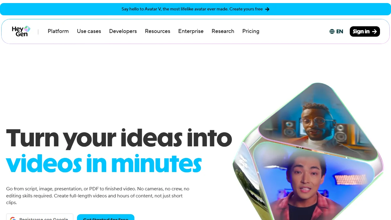HeyGen homepage hero for turning ideas, scripts, images, presentations, and PDFs into videos