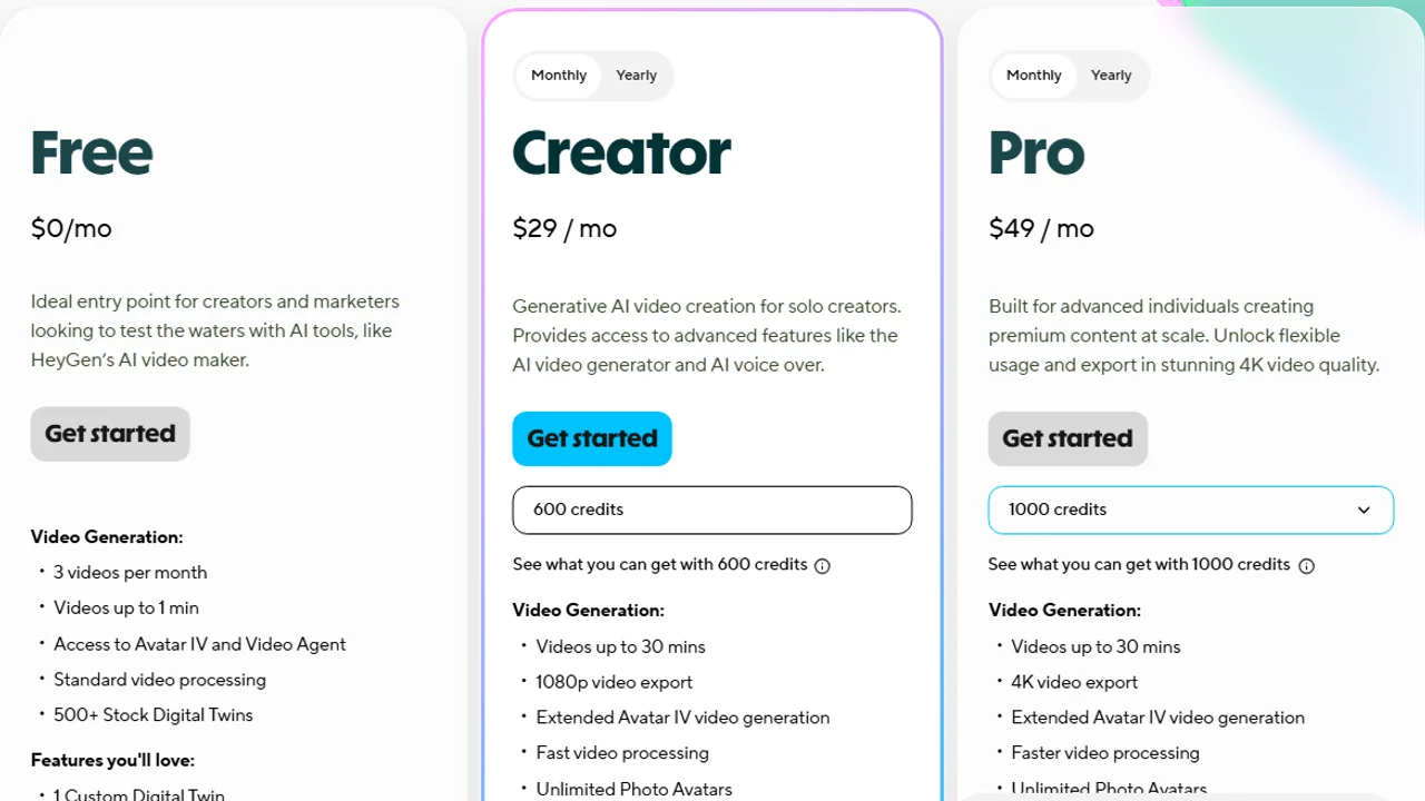 HeyGen pricing cards showing Free, Creator, and Pro video generation plans