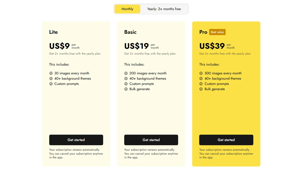 Pebblely pricing cards showing Lite, Basic, and Pro monthly product photo plans