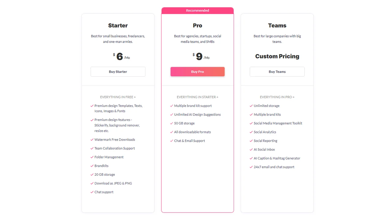 Picmaker pricing cards showing Starter, Pro, and Teams plans