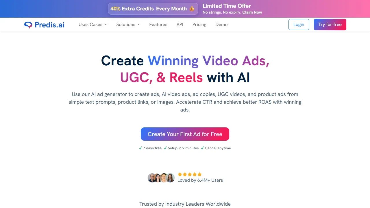 Predis.ai homepage hero for creating AI video ads, UGC, Reels, ad copy, and product ads