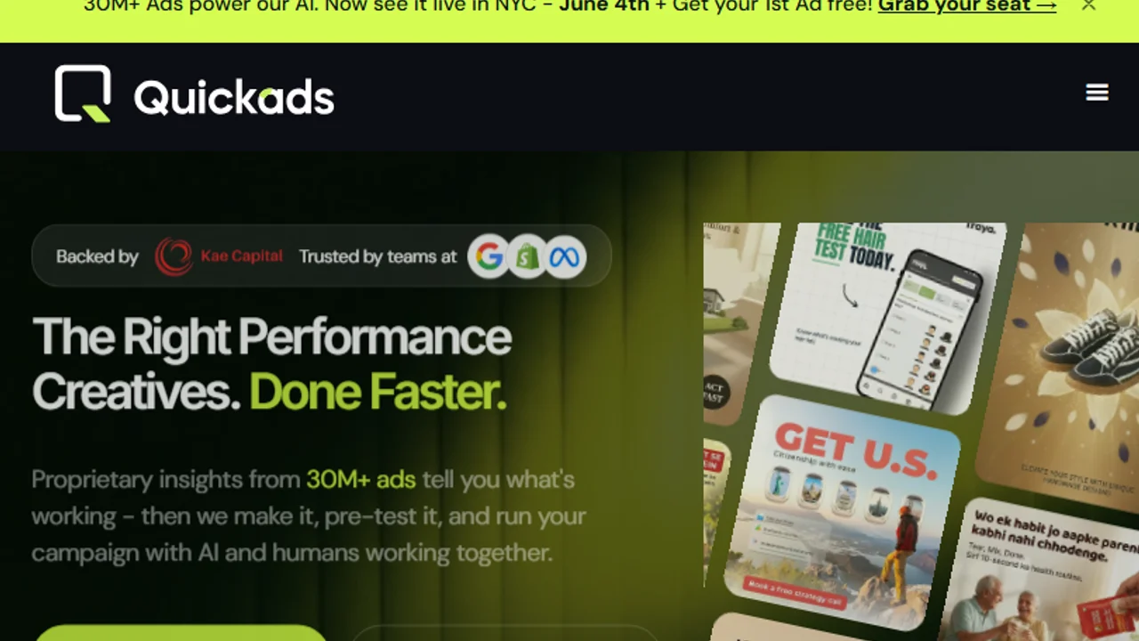 QuickAds homepage for AI-powered performance creative and ad generation