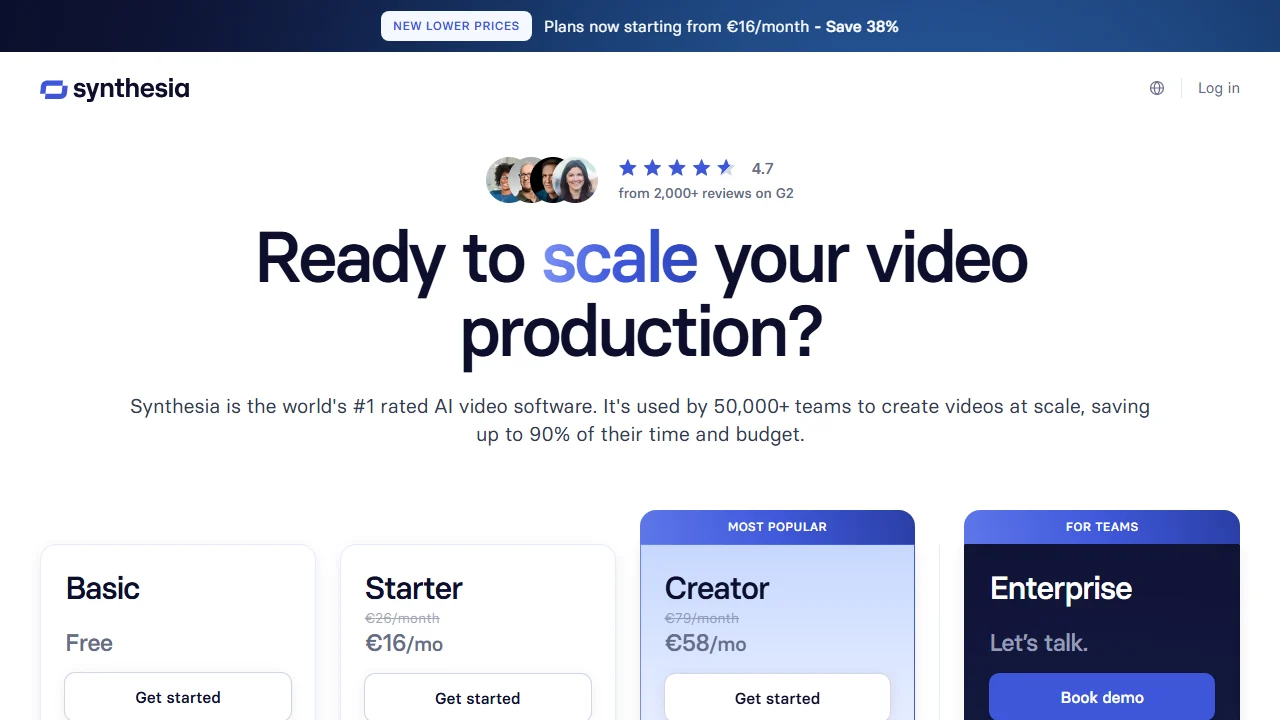 Synthesia pricing page showing Basic, Starter, Creator, and Enterprise plans