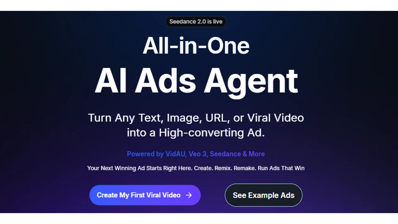 VidAU homepage hero for an all-in-one AI ads agent that turns text, images, URLs, or viral videos into ads